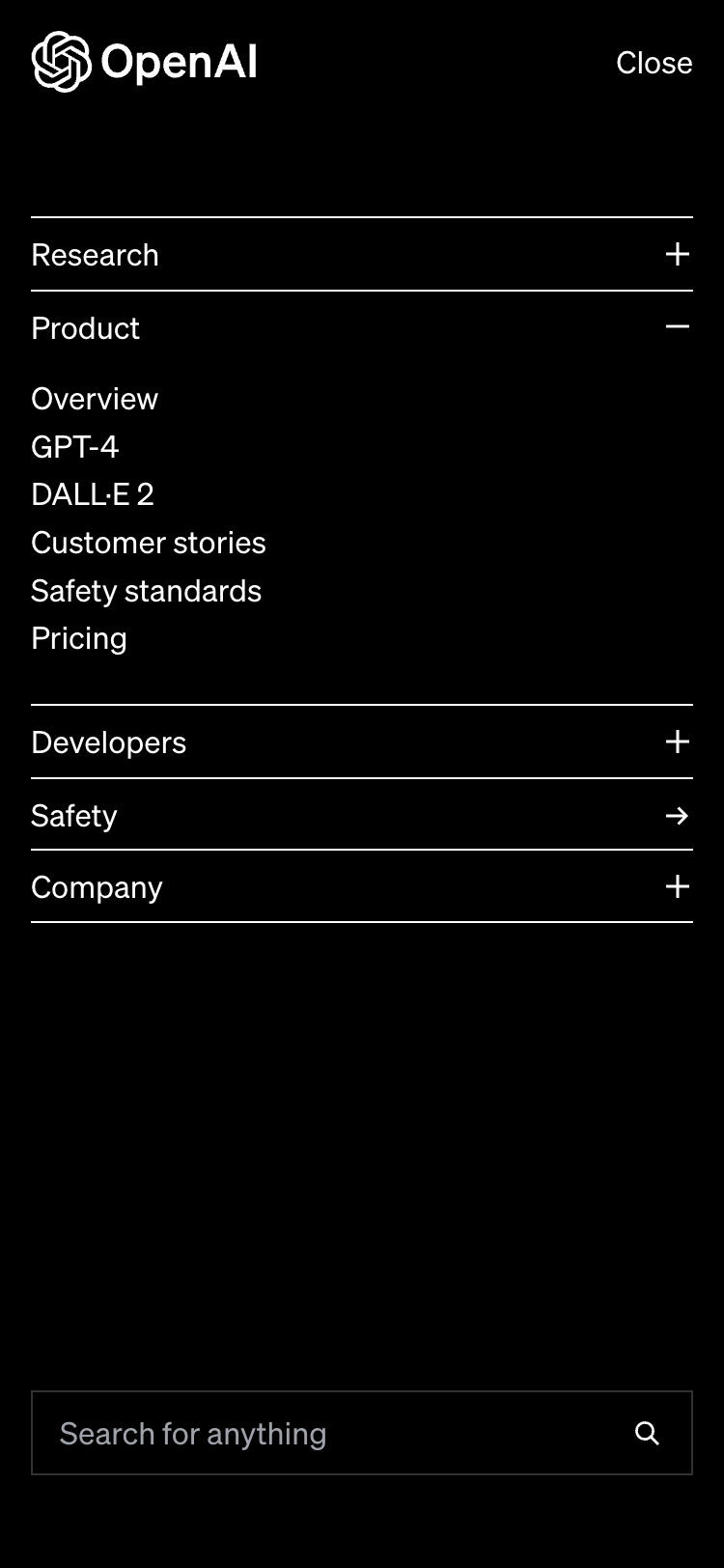 Screenshot of the OpenAI website on a 375-pixel wide mobile device. The background color is black with white text, and each menu item that can be expanded shows a plus icon. The menu items that are just a link shows an arrow icon instead.