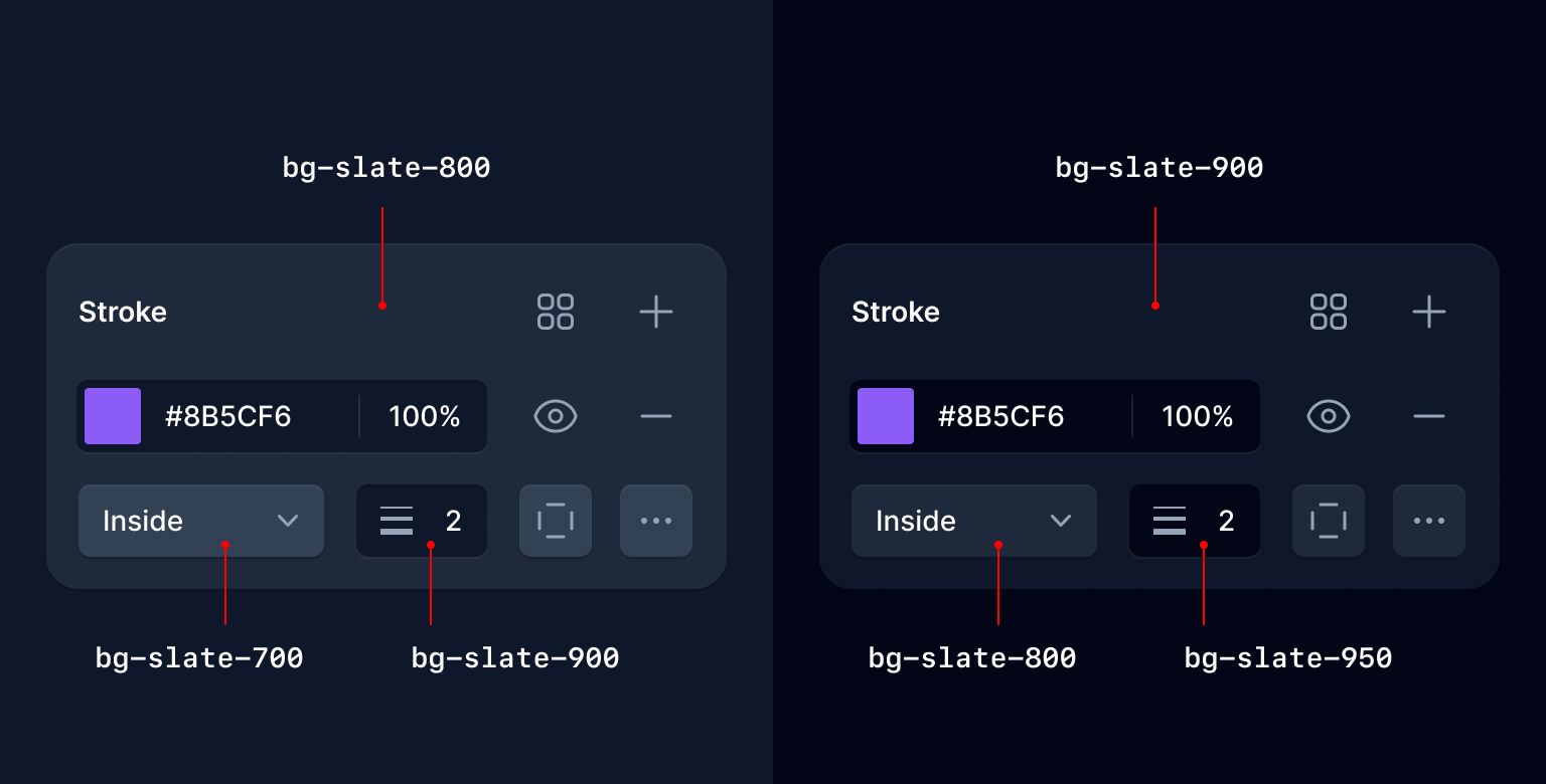 slate-900을 가장 어두운 색상으로 사용한 다크 UI와 slate-950을 가장 어두운 색상으로 사용한 다크 UI 비교