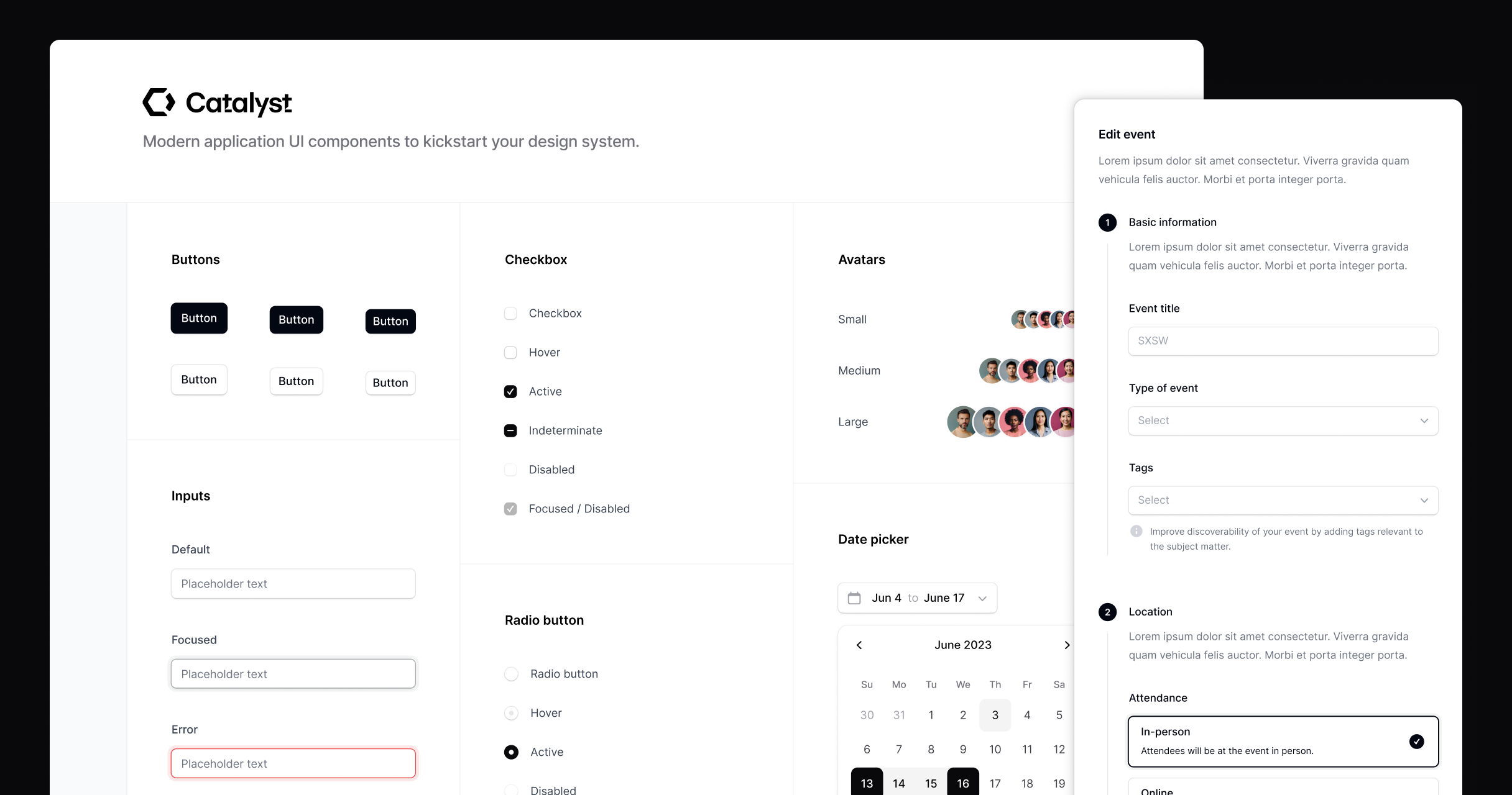 Catalyst UI 키트에 포함된 컴포넌트들의 콜라주